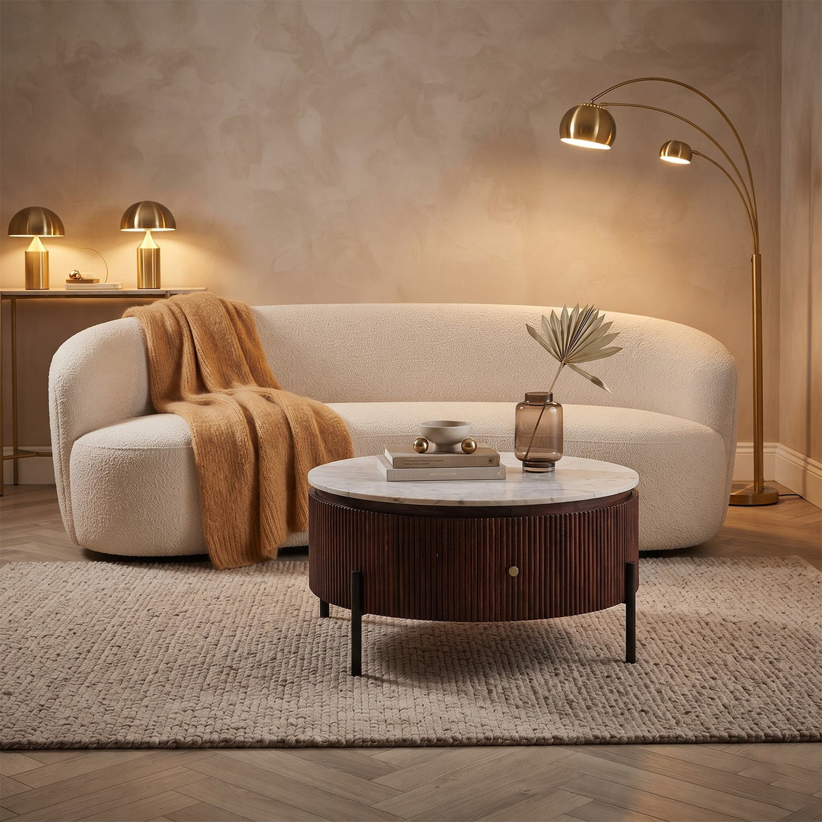Calvessa Round Fluted Mango Wood Marble Top Coffee Table - image 3
