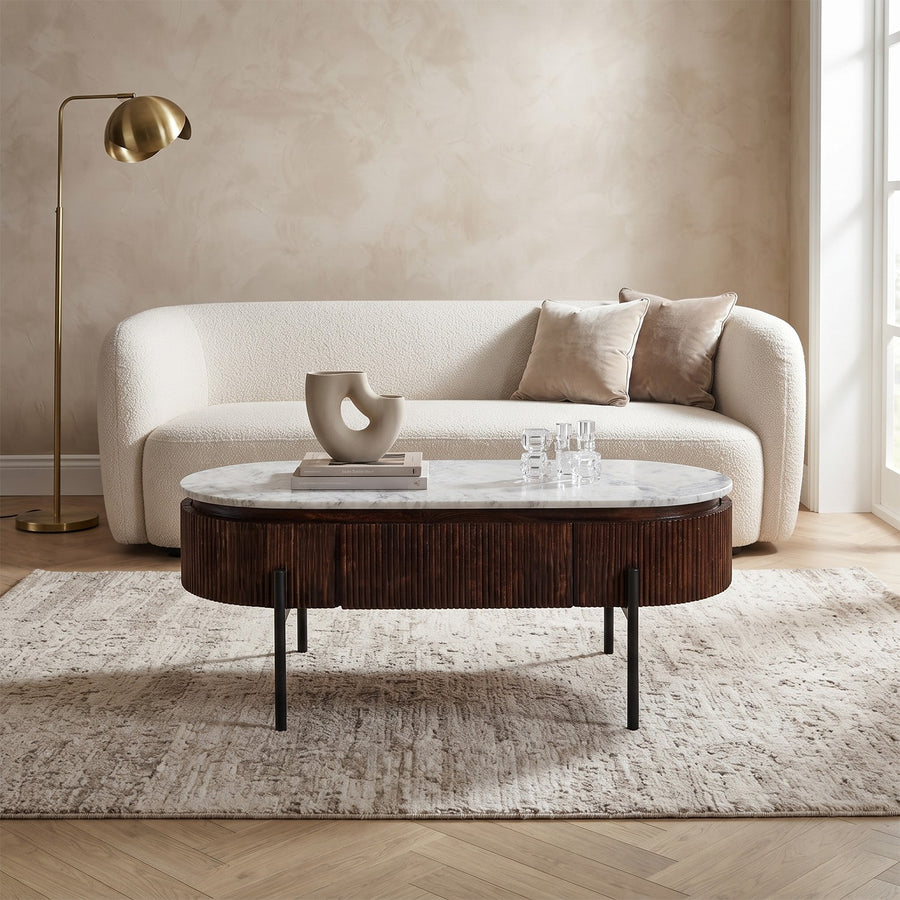 Calvessa Fluted Marble Top Rectangular 2 Drawer Coffee Table