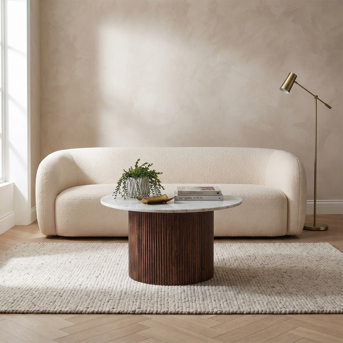 Calvessa Chunky Round Mango Wood Marble Top Coffee Table