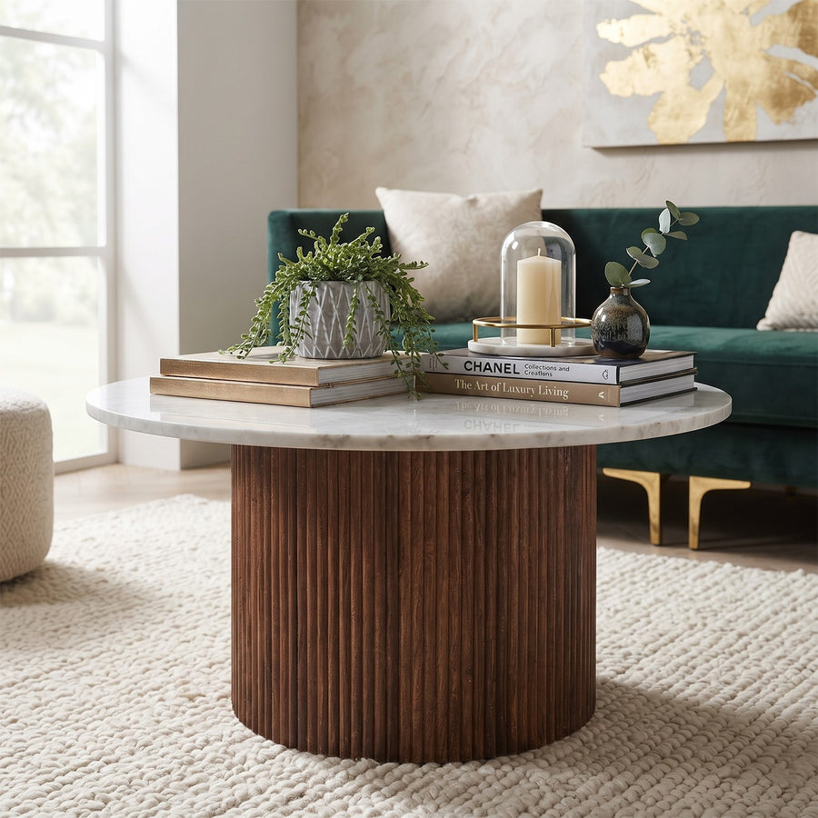 Calvessa Chunky Round Mango Wood Marble Top Coffee Table - image 2