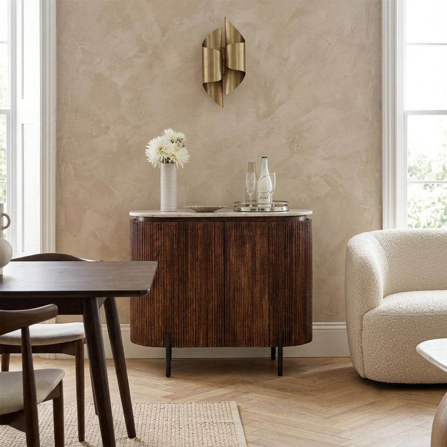 Calvessa Mango Wood Marble Top Drinks Cabinet with Metal Legs
