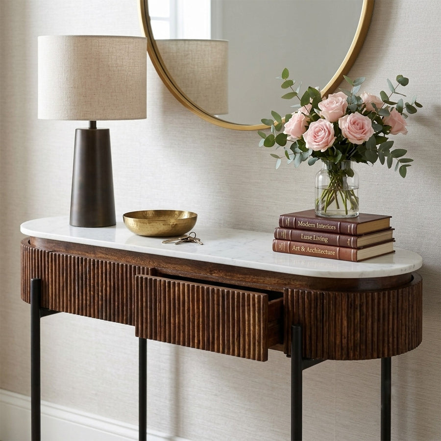 Calvessa Mango Wood Marble Top Console Table with 2 Drawers - image 2