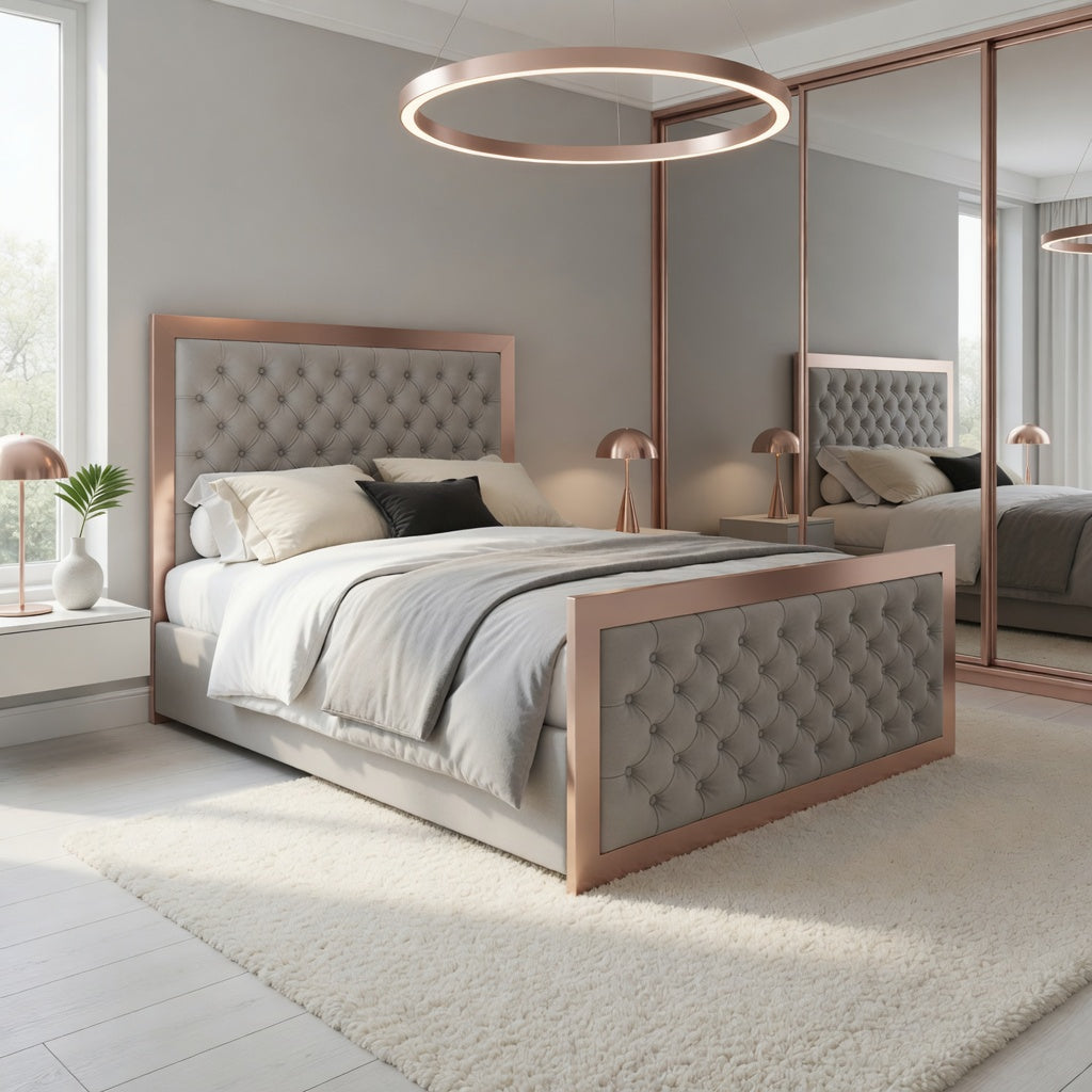 Emia Upholstered Soft Velvet Metal Designer Bed Frame