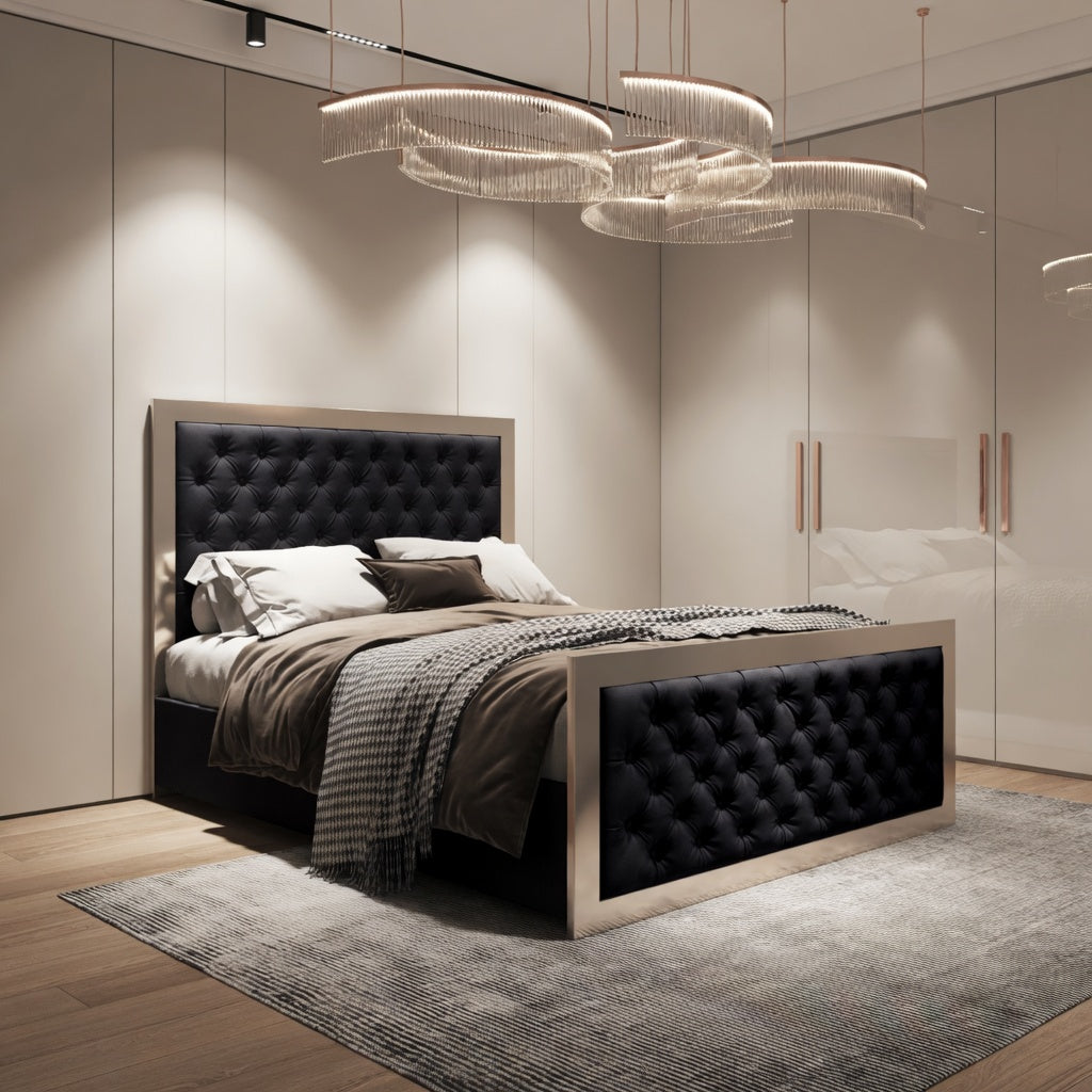 Emia Upholstered Soft Velvet Metal Designer Bed Frame