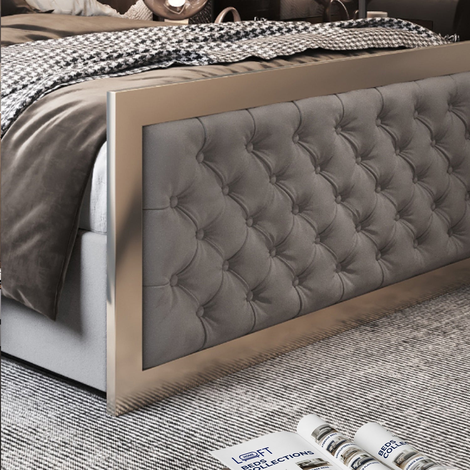 Emia Upholstered Soft Velvet Metal Designer Bed Frame