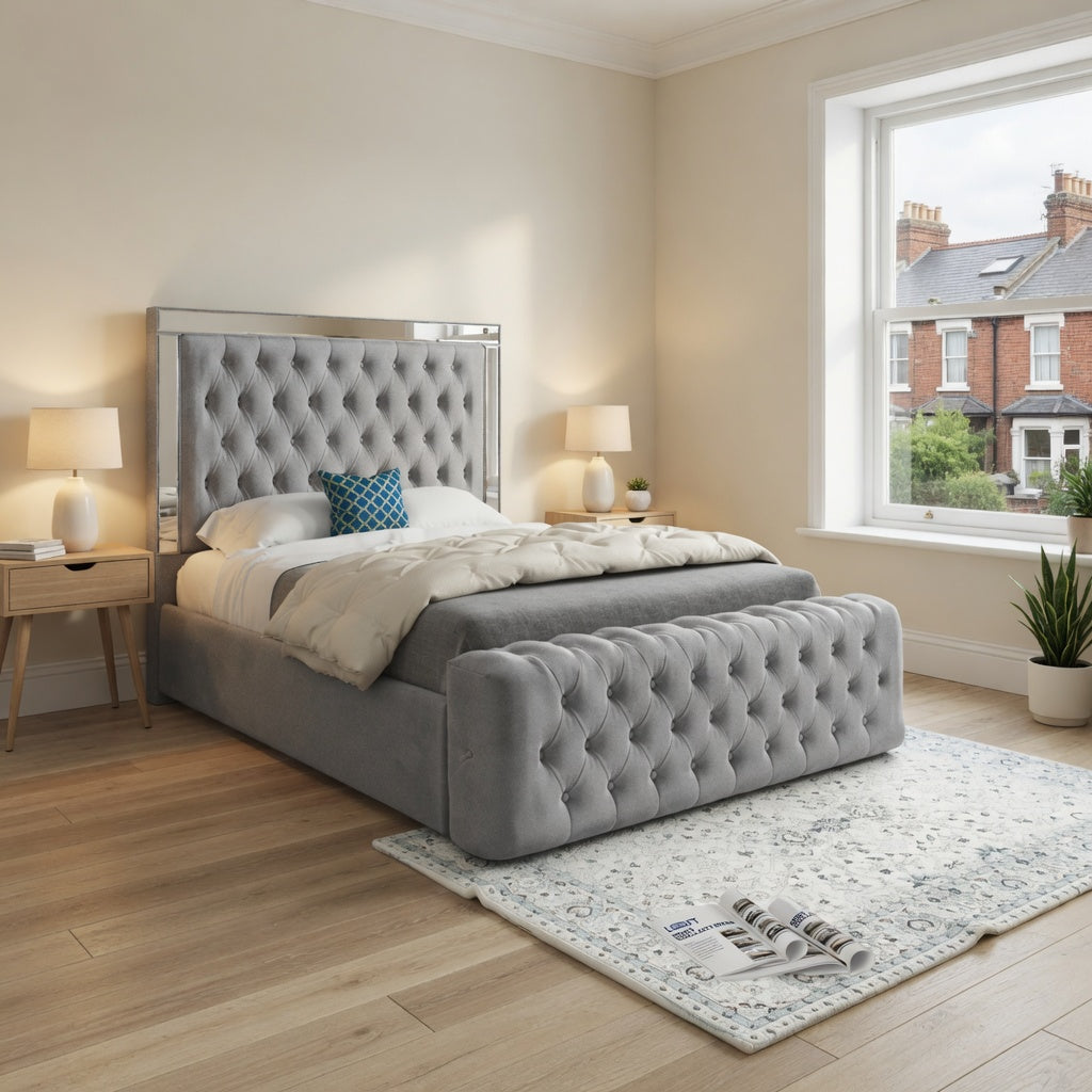 Gemia Mirror Upholstered Soft Velvet Designer Bed Frame