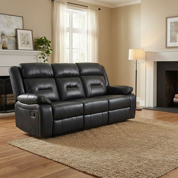 Novie Recliner Leather 3 Seater Sofa In Black