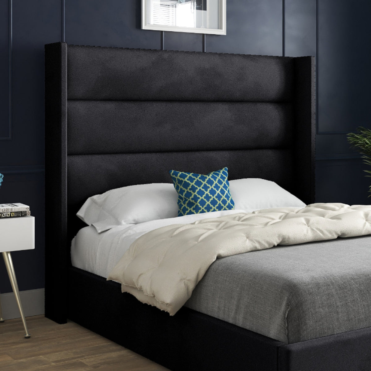Jacob Straight Winged Upholstered Soft Velvet Designer Bed Frame