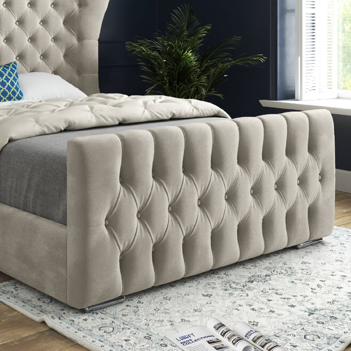 Lika Wide Curved Winged Upholstered Soft Velvet Designer Bed Frame