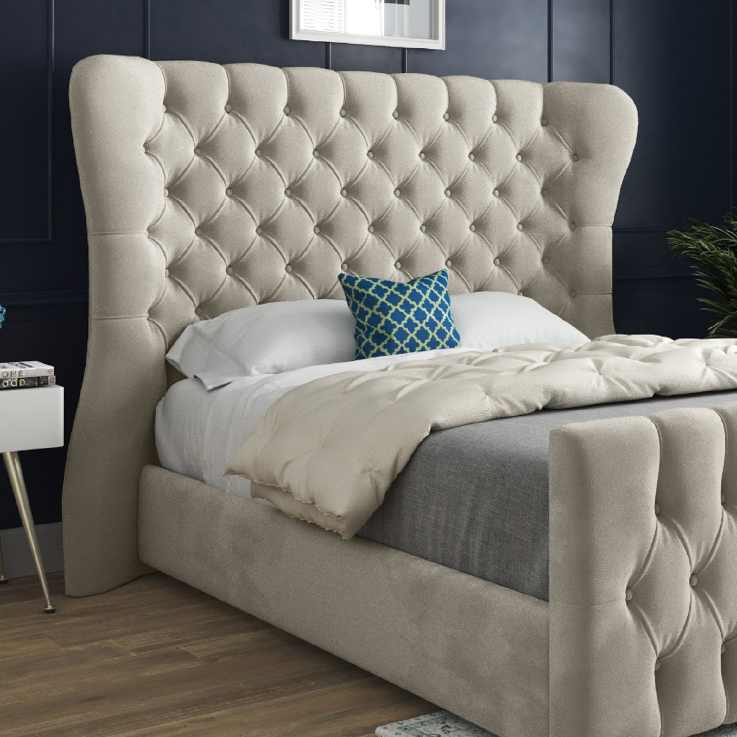 Lika Wide Curved Winged Upholstered Soft Velvet Designer Bed Frame