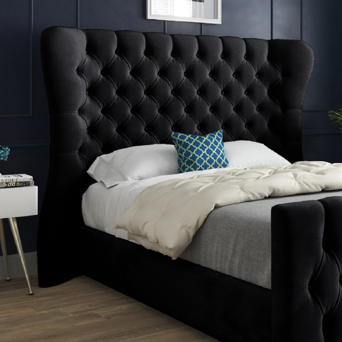 Lika Wide Curved Winged Upholstered Soft Velvet Designer Bed Frame