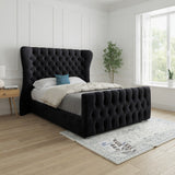 Lika Wide Curved Winged Upholstered Soft Velvet Designer Bed Frame