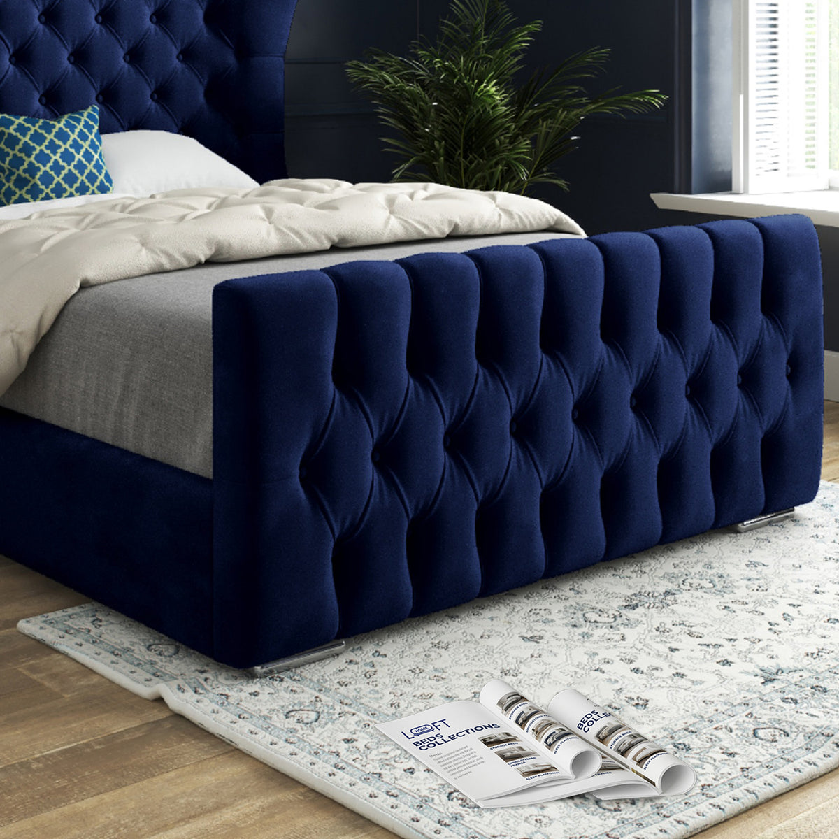 Lika Wide Curved Winged Upholstered Soft Velvet Designer Bed Frame