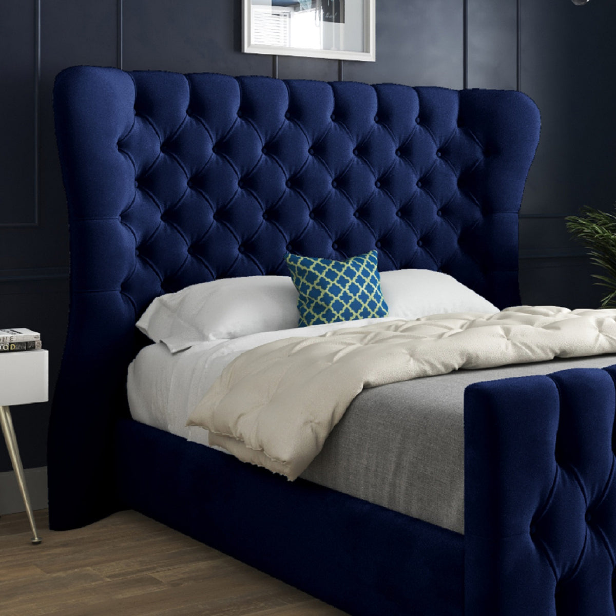Lika Wide Curved Winged Upholstered Soft Velvet Designer Bed Frame