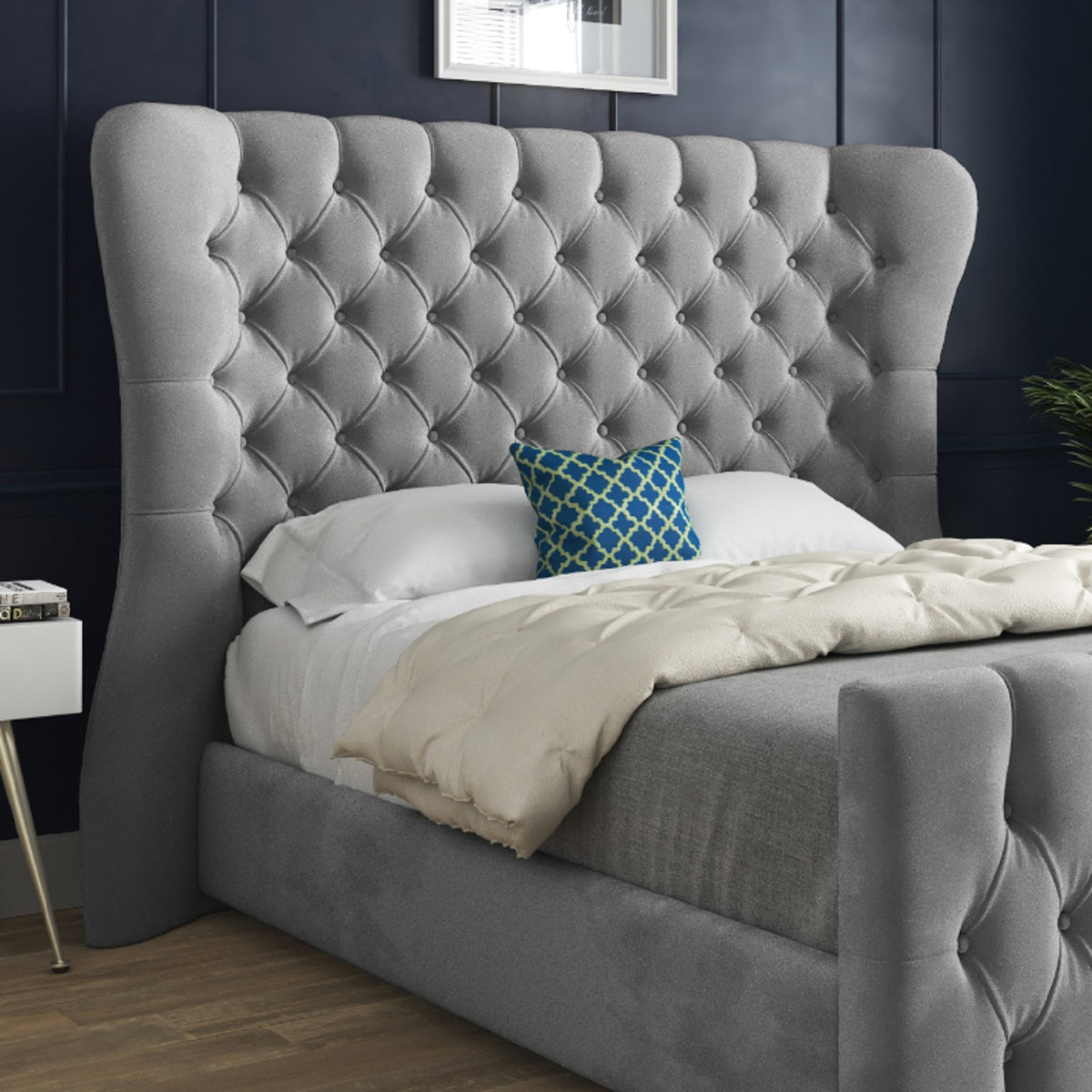 Lika Wide Curved Winged Upholstered Soft Velvet Designer Bed Frame