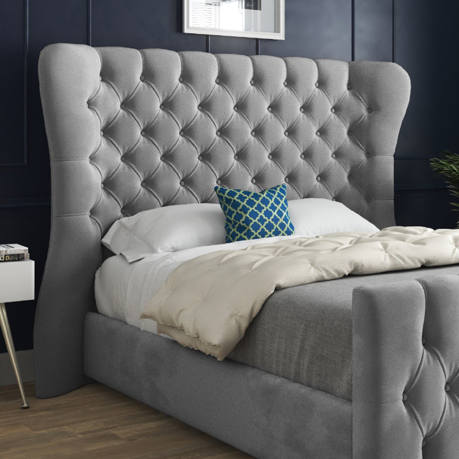 Lika Wide Curved Winged Upholstered Soft Velvet Designer Bed Frame