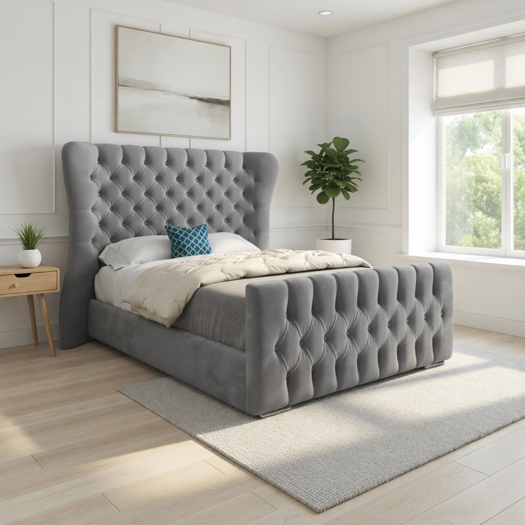 Lika Wide Curved Winged Upholstered Soft Velvet Designer Bed Frame