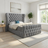Lika Wide Curved Winged Upholstered Soft Velvet Designer Bed Frame