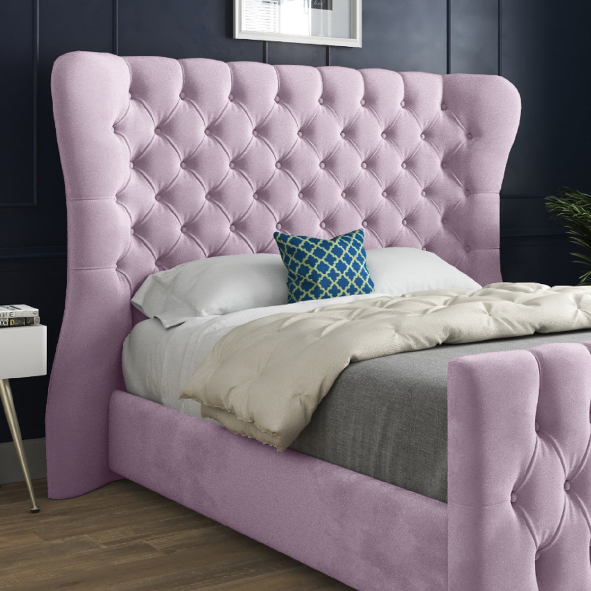 Lika Wide Curved Winged Upholstered Soft Velvet Designer Bed Frame