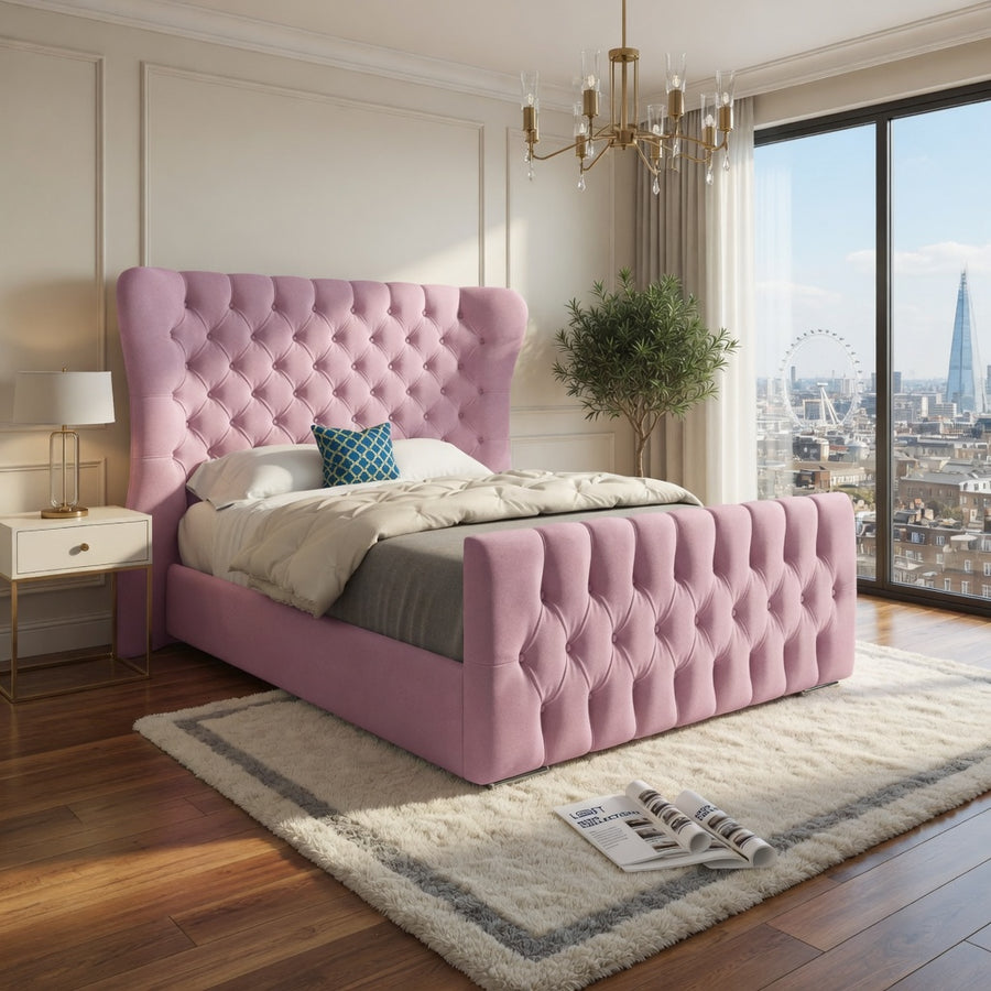 Lika Wide Curved Winged Upholstered Soft Velvet Designer Bed Frame