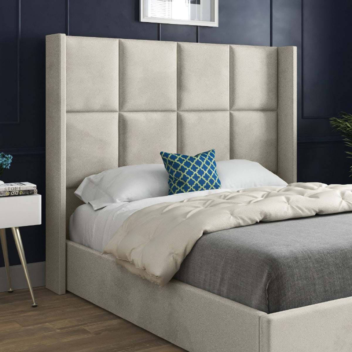 Makis Straight Winged Upholstered Soft Velvet Designer Bed Frame