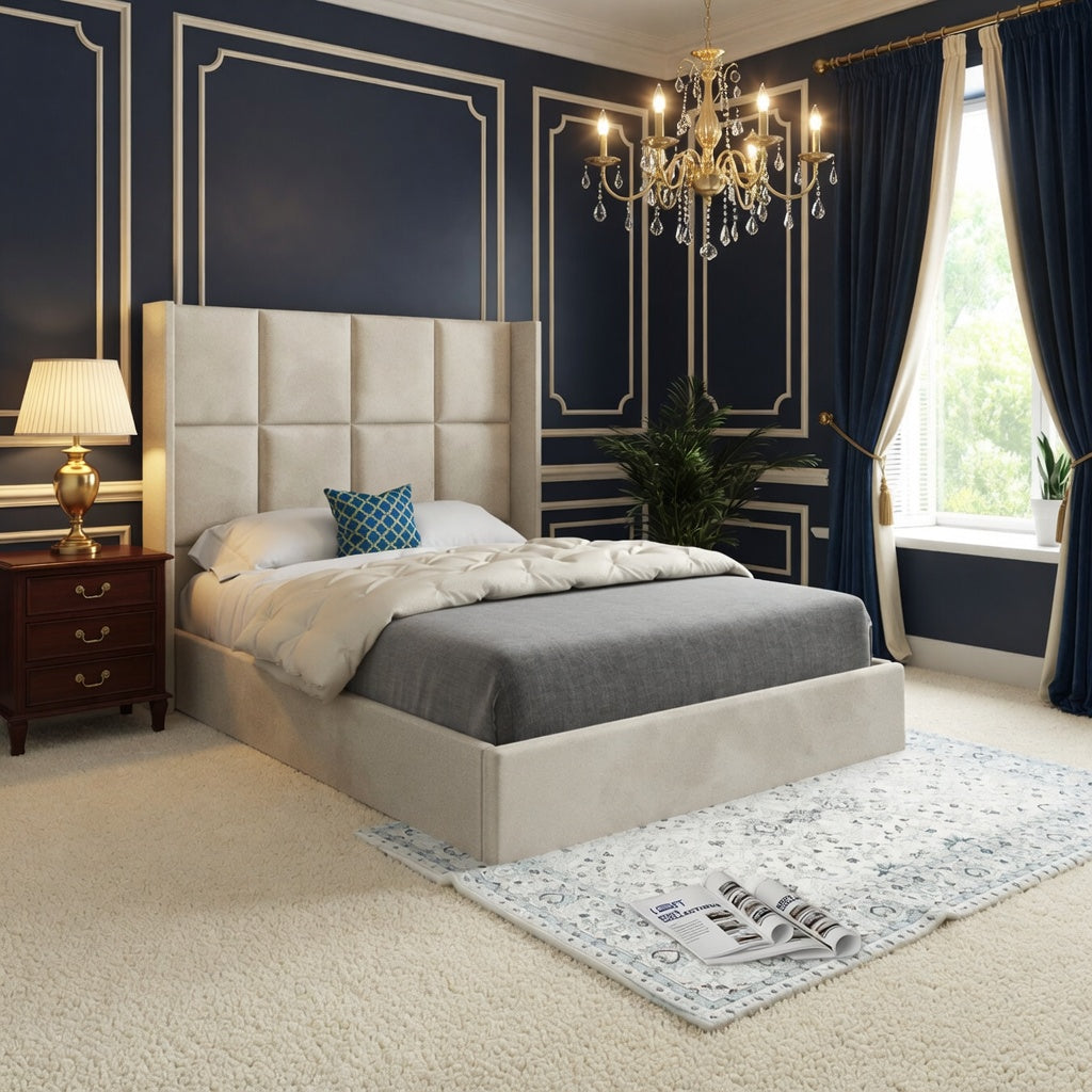 Makis Straight Winged Upholstered Soft Velvet Designer Bed Frame