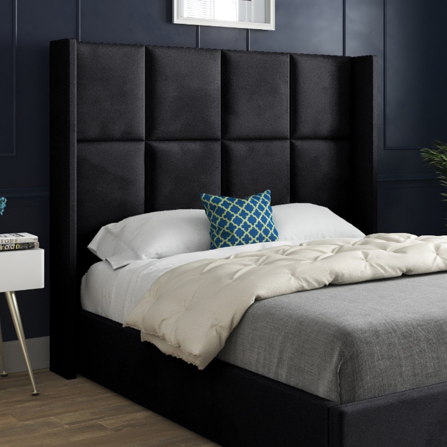 Makis Straight Winged Upholstered Soft Velvet Designer Bed Frame