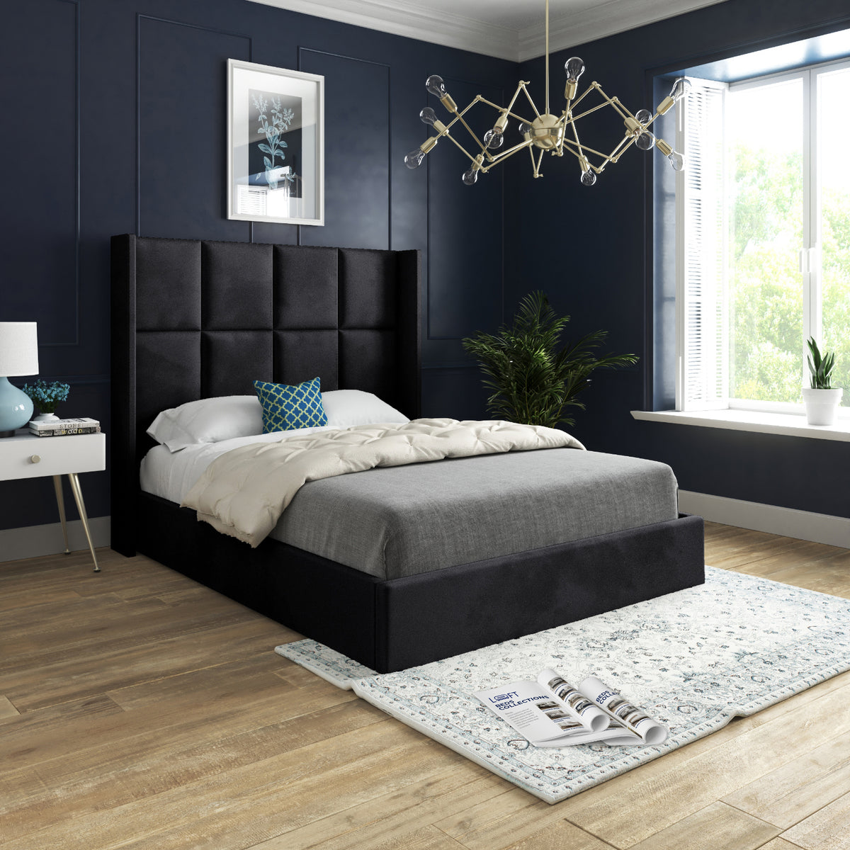 Makis Straight Winged Upholstered Soft Velvet Designer Bed Frame
