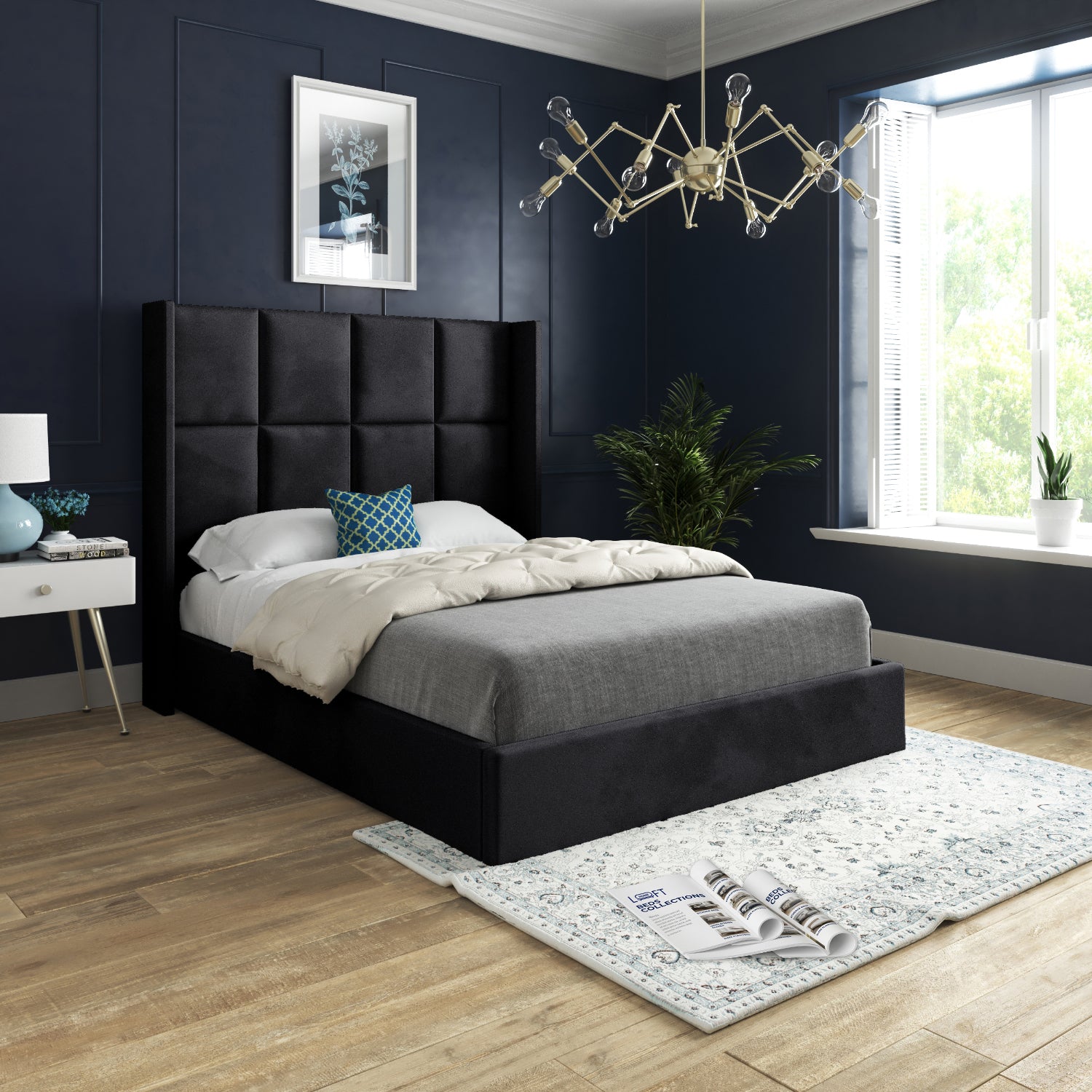 Makis Straight Winged Upholstered Soft Velvet Designer Bed Frame