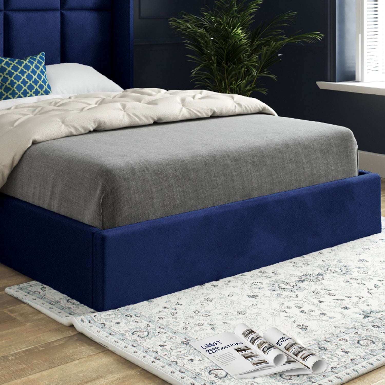 Makis Straight Winged Upholstered Soft Velvet Designer Bed Frame