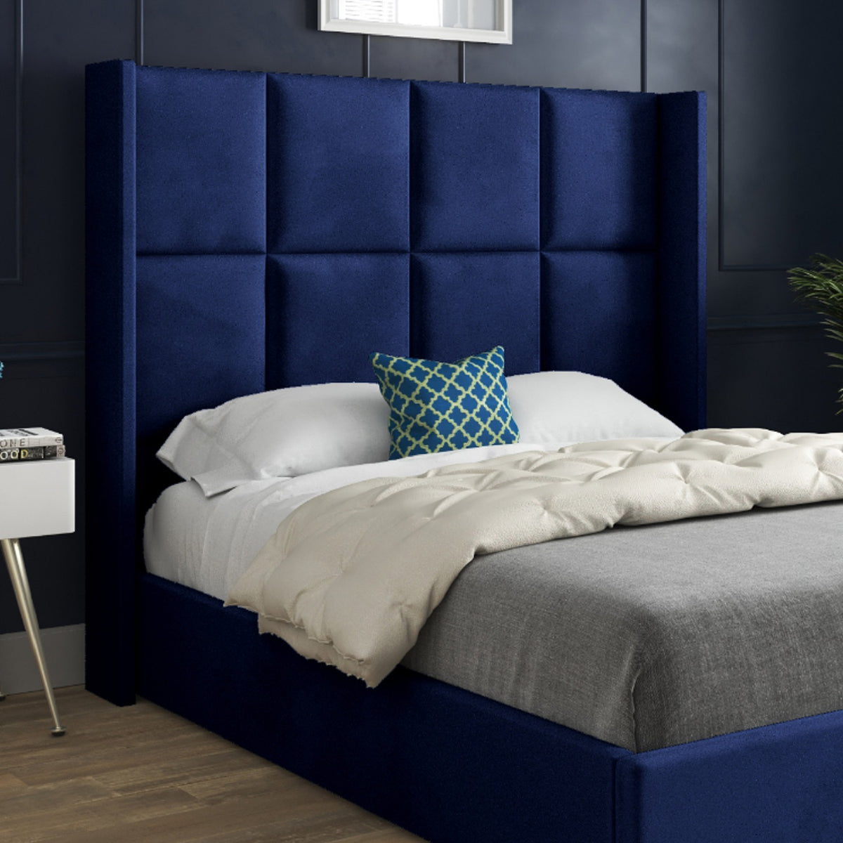 Makis Straight Winged Upholstered Soft Velvet Designer Bed Frame