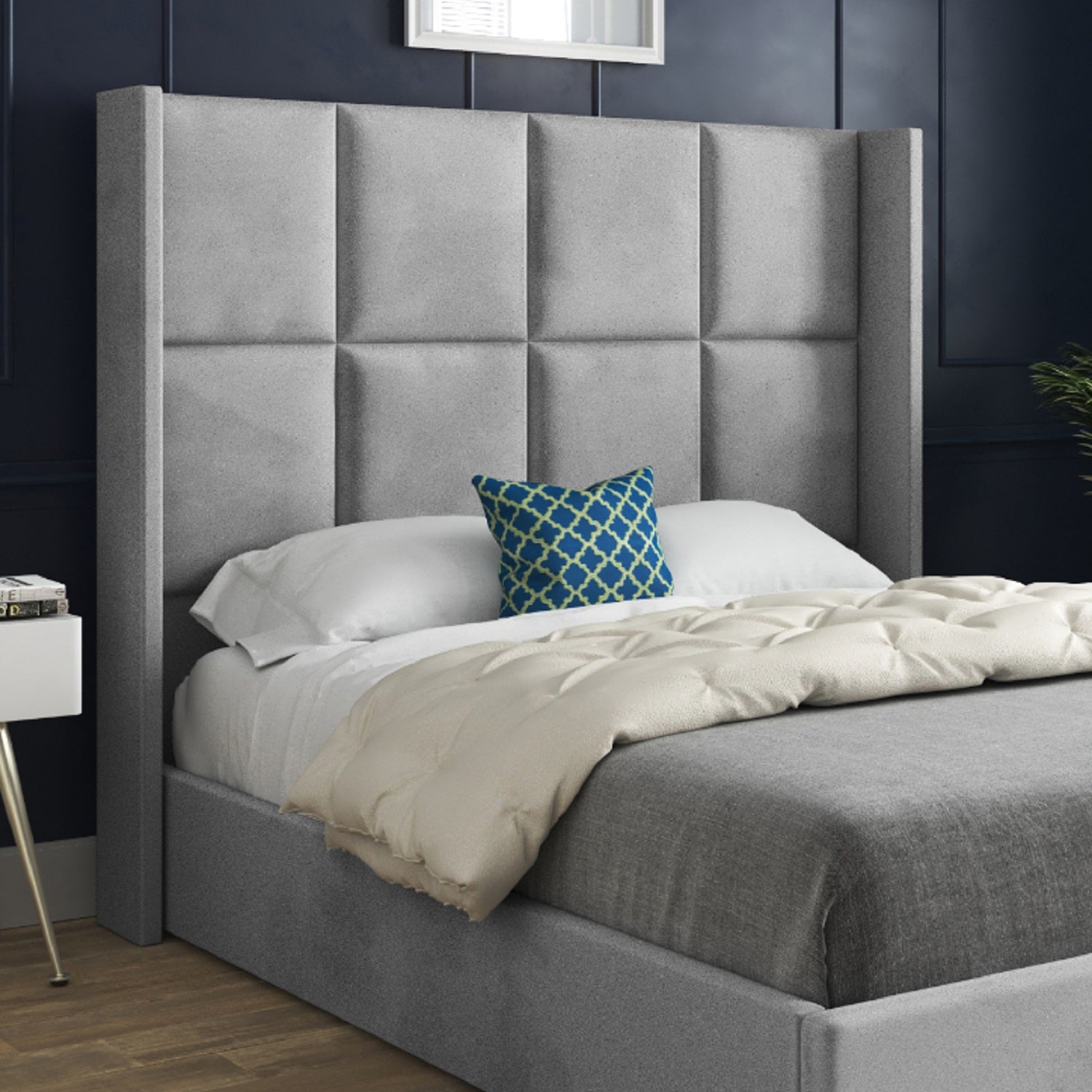 Makis Straight Winged Upholstered Soft Velvet Designer Bed Frame