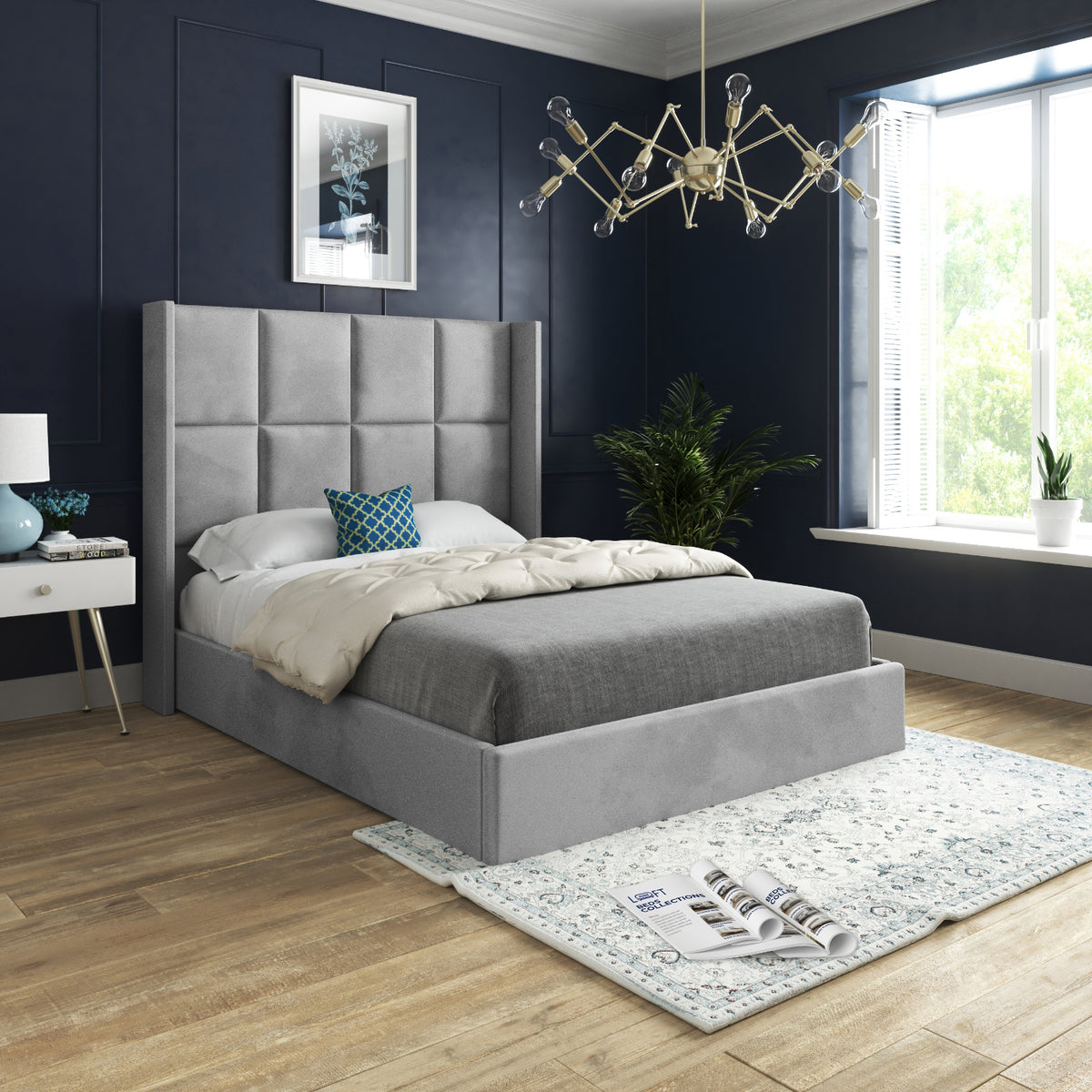 Makis Straight Winged Upholstered Soft Velvet Designer Bed Frame