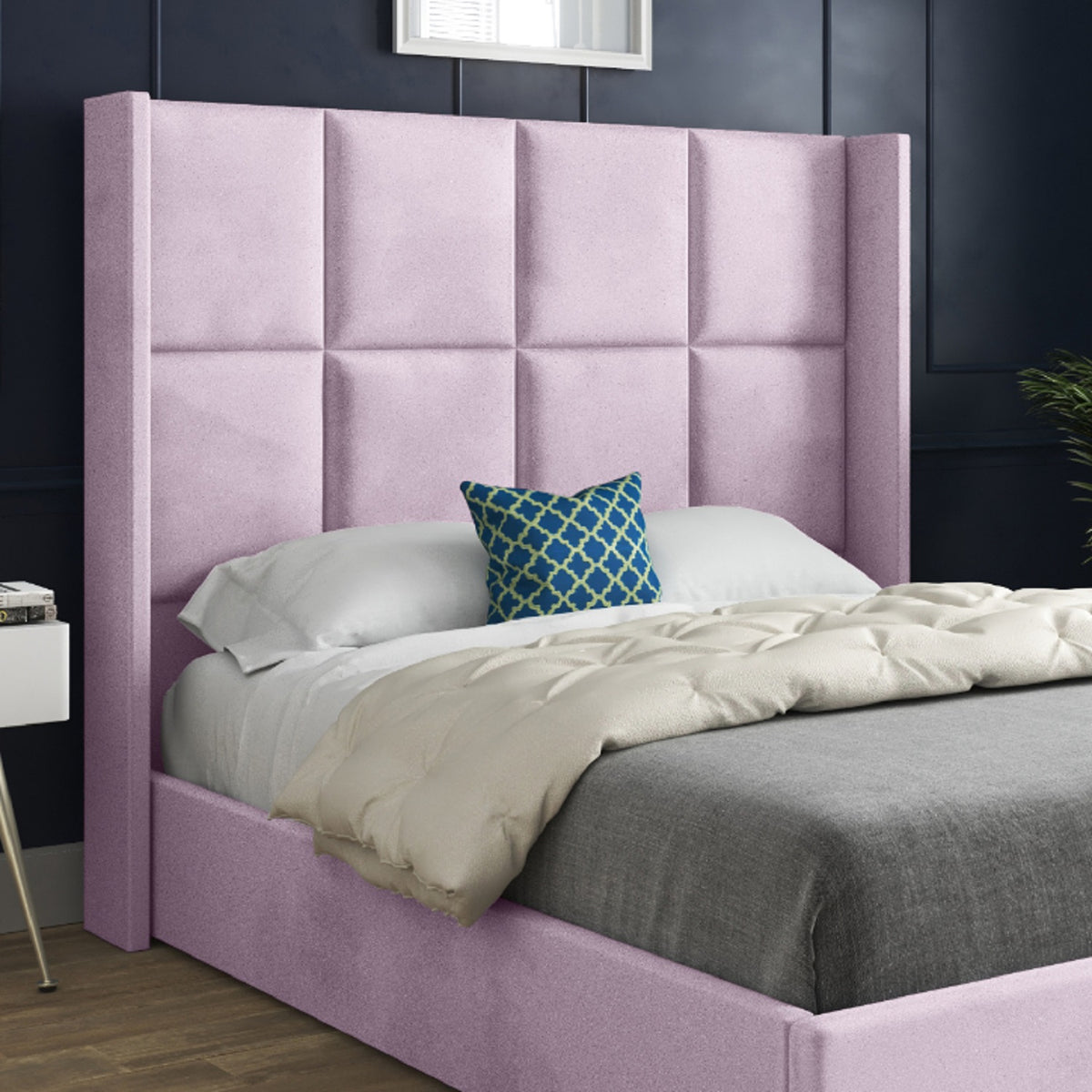 Makis Straight Winged Upholstered Soft Velvet Designer Bed Frame