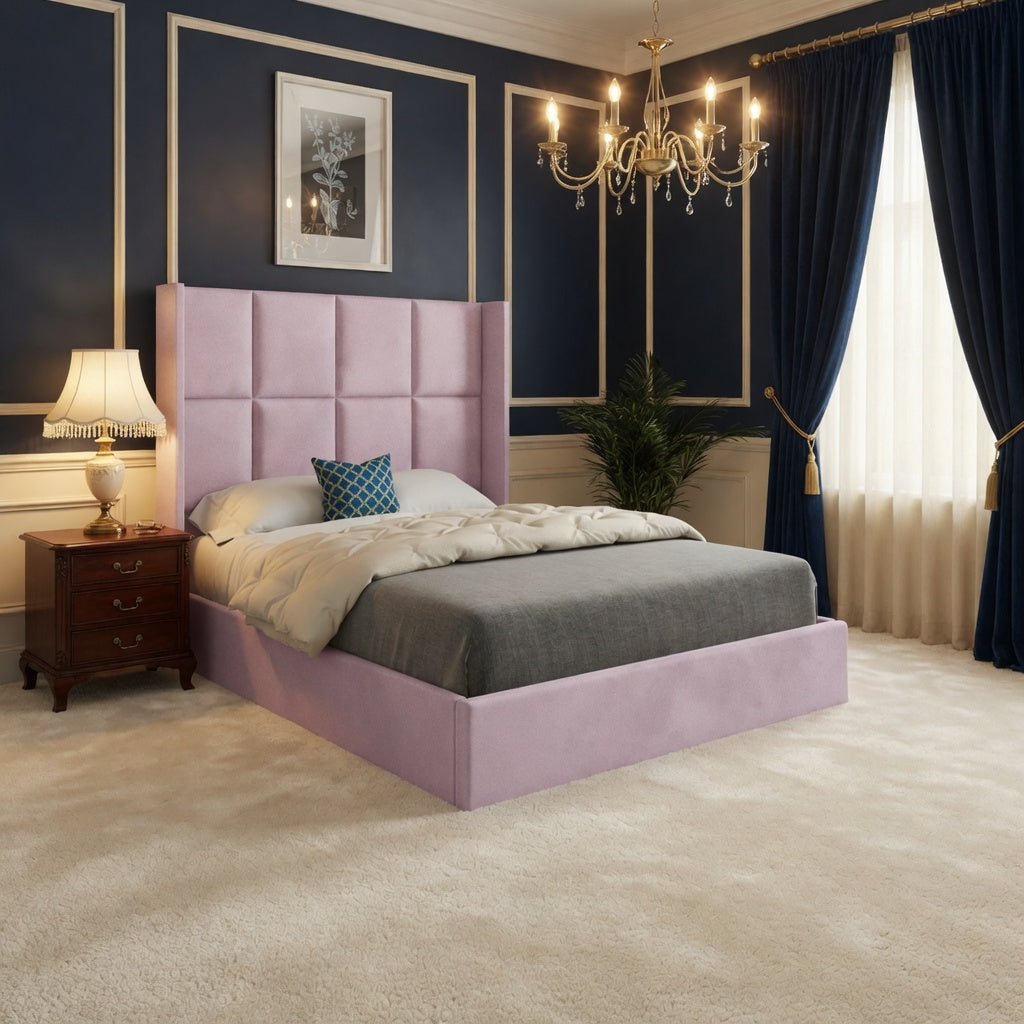 Makis Straight Winged Upholstered Soft Velvet Designer Bed Frame