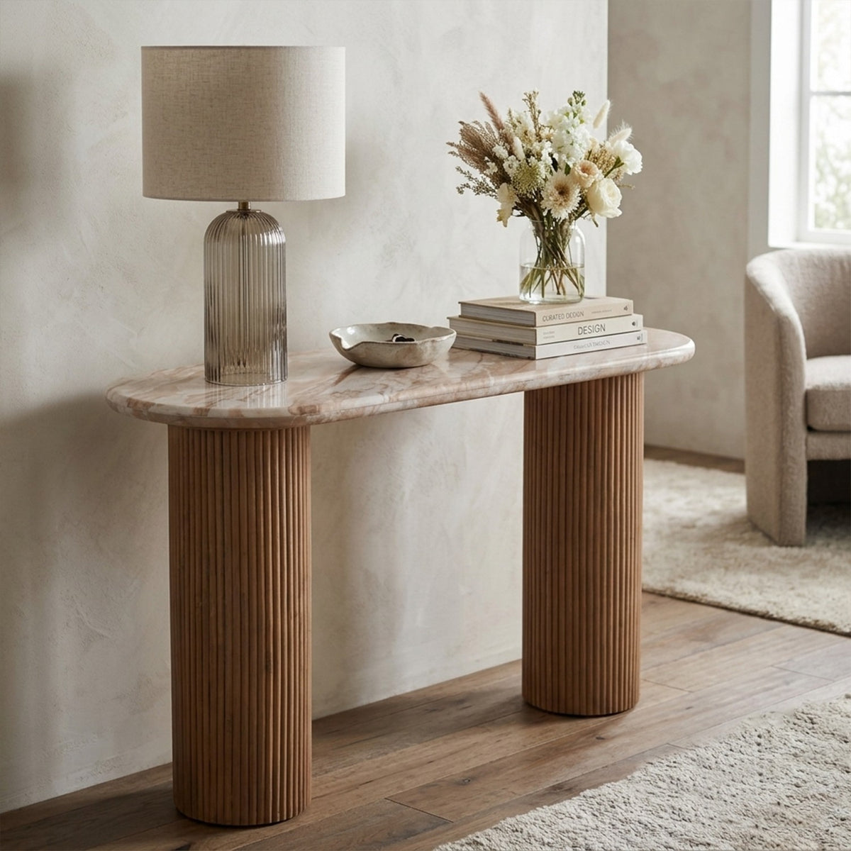 Veinora Pale Taupe Marble Top Console Table with Fluted Wood Legs - image 2