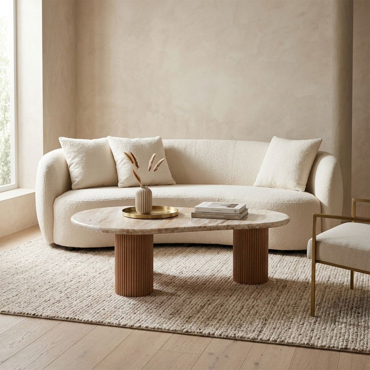 Veinora Pale Taupe Marble Top Coffee Table with Fluted Wood Legs