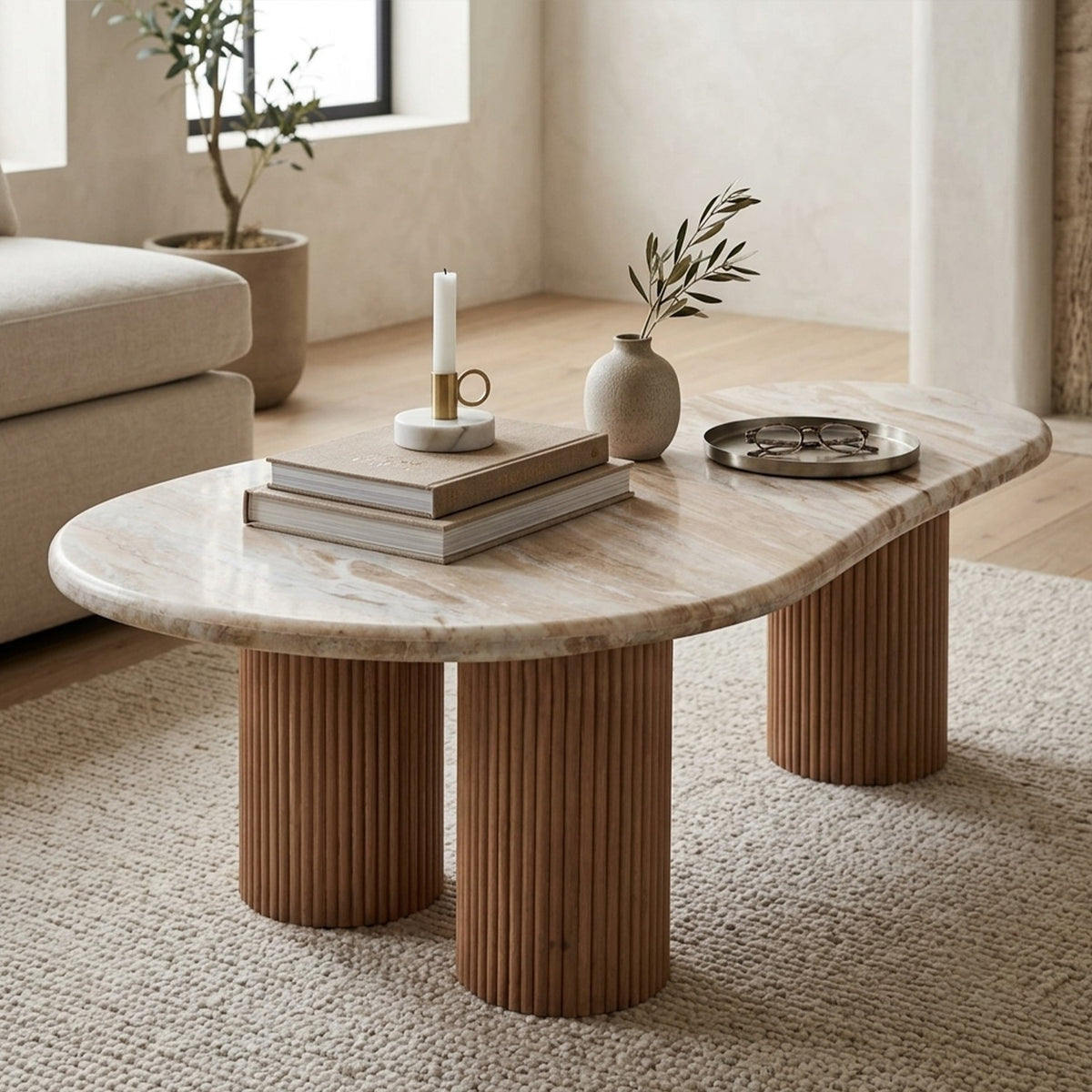 Veinora Pale Taupe Marble Top Coffee Table with Fluted Wood Legs - image 2