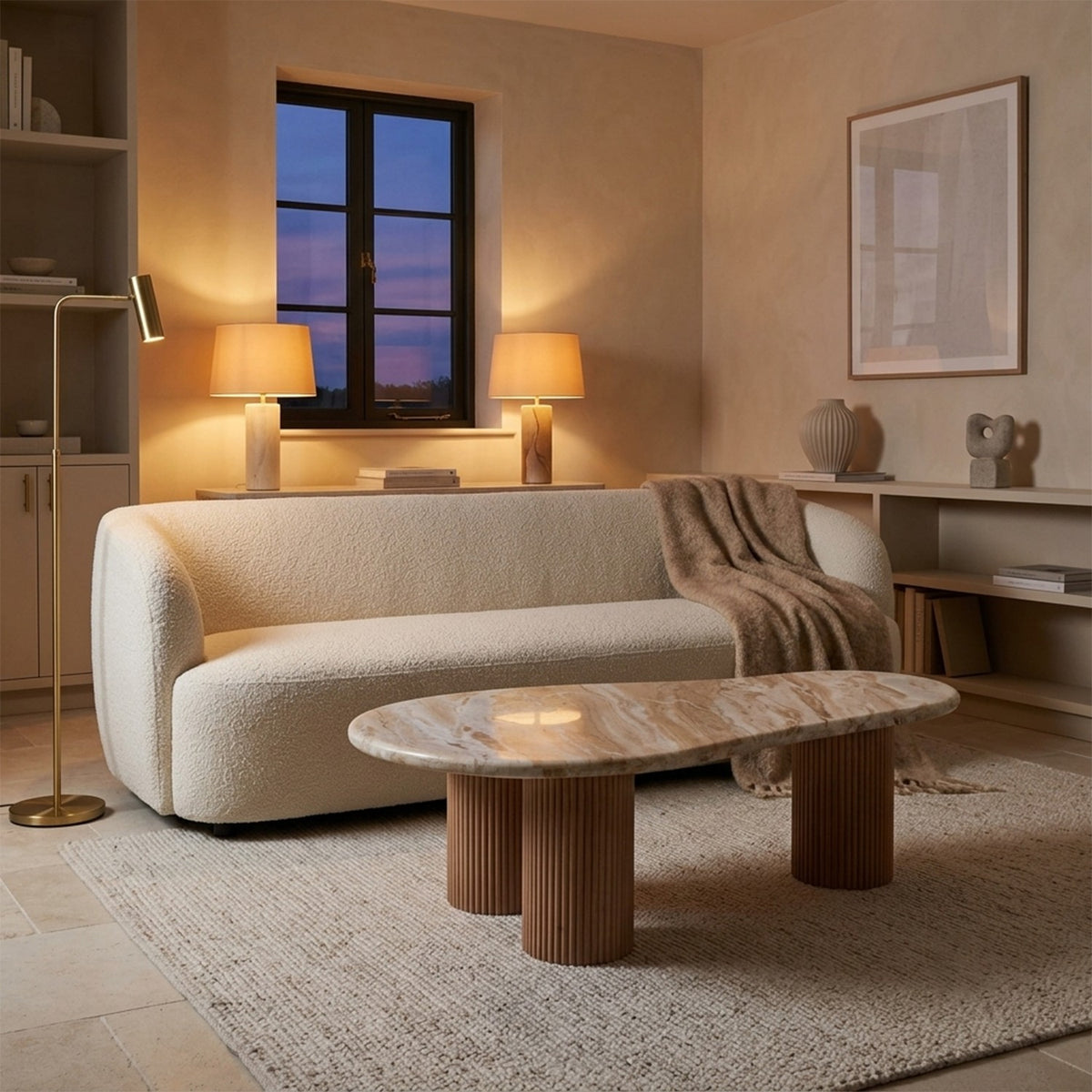 Veinora Pale Taupe Marble Top Coffee Table with Fluted Wood Legs - image 3