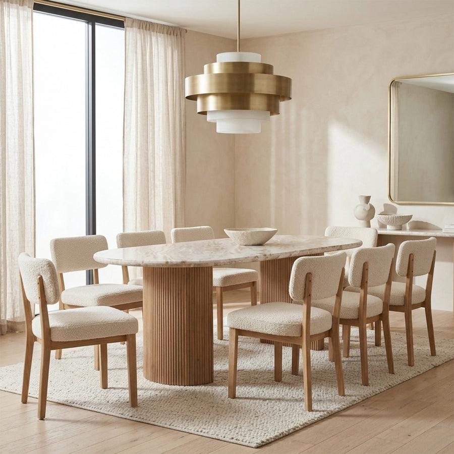 Veinora Pale Taupe Marble 6 to 8 Seater Dining Table with Fluted Pedestals