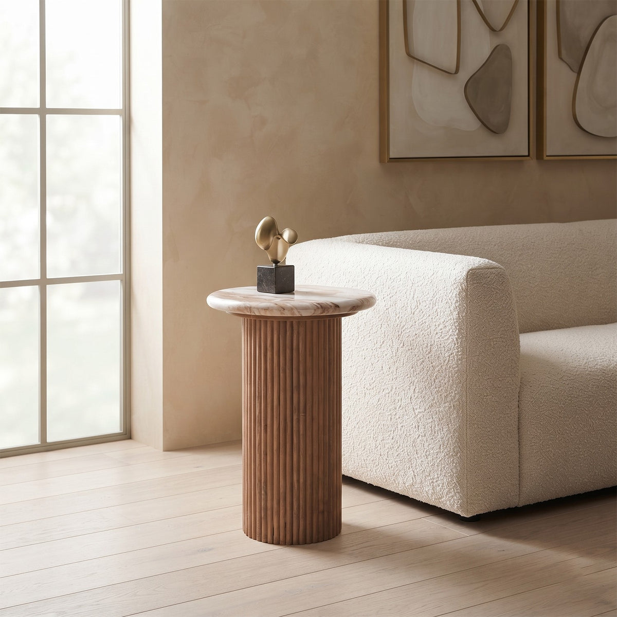 Veinora Pale Taupe Marble Top Side Table with Fluted Wood Pedestal
