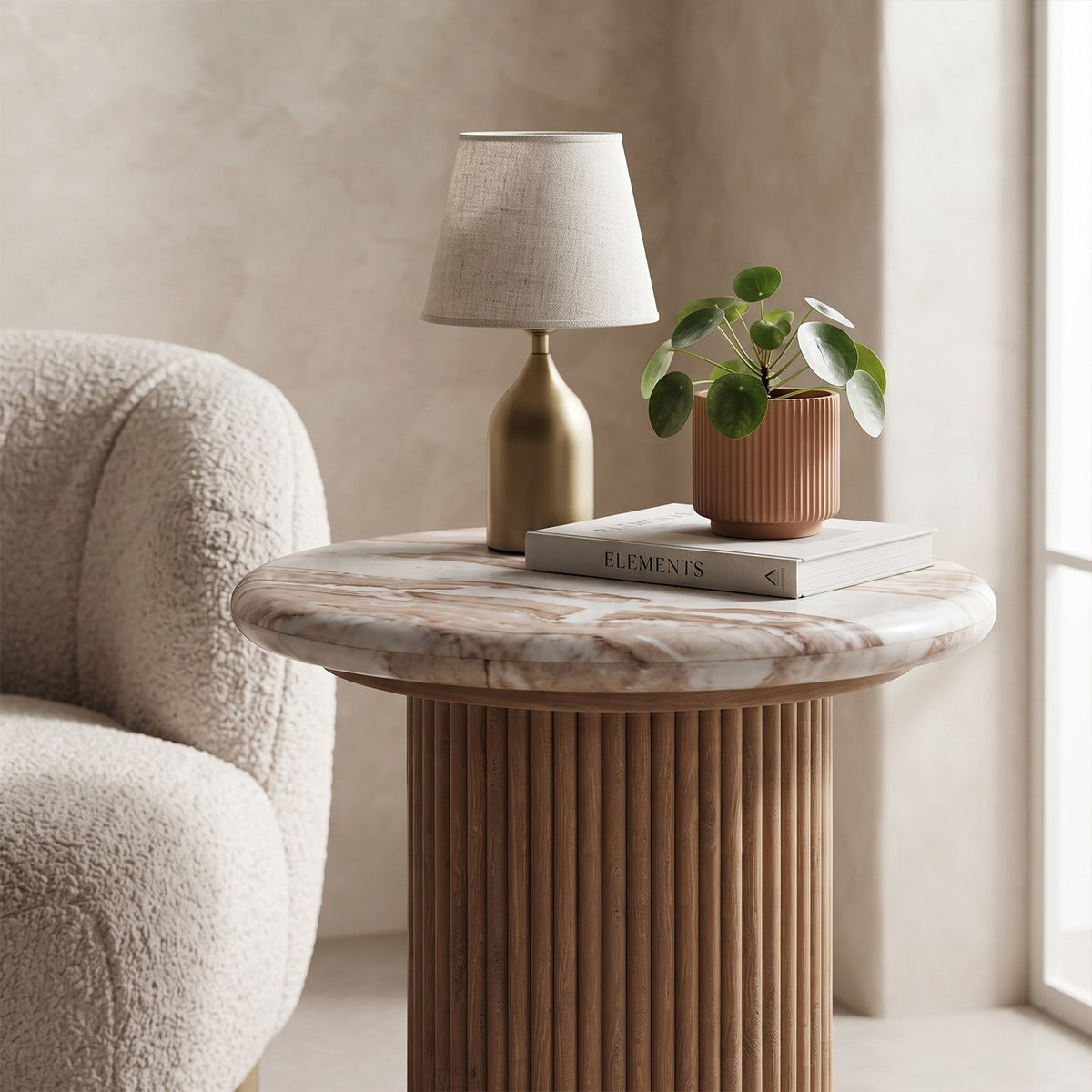 Veinora Pale Taupe Marble Top Side Table with Fluted Wood Pedestal - image 2