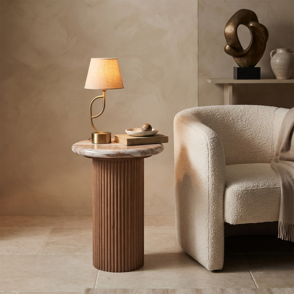 Veinora Pale Taupe Marble Top Side Table with Fluted Wood Pedestal - image 3
