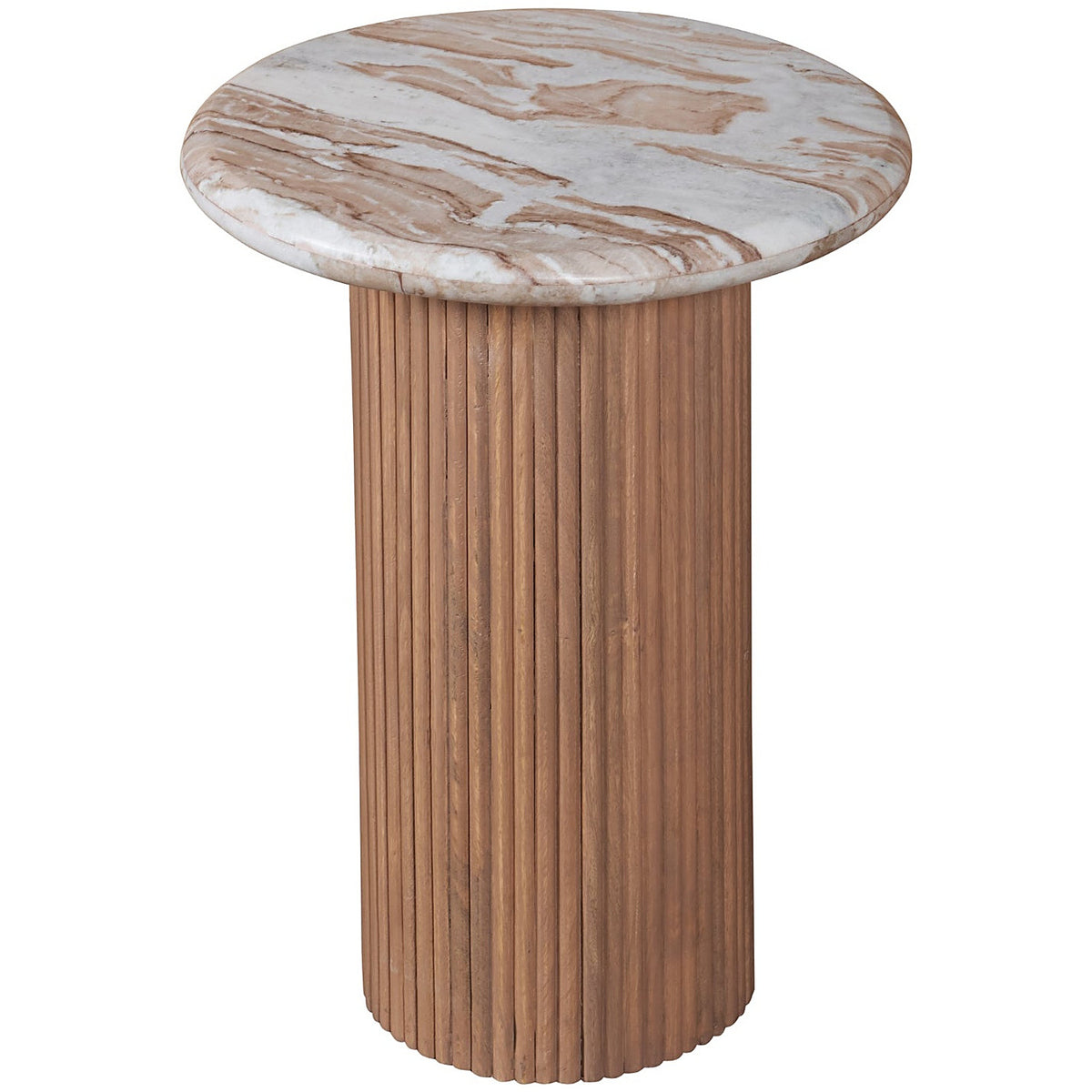 Veinora Pale Taupe Marble Top Side Table with Fluted Wood Pedestal - image 4