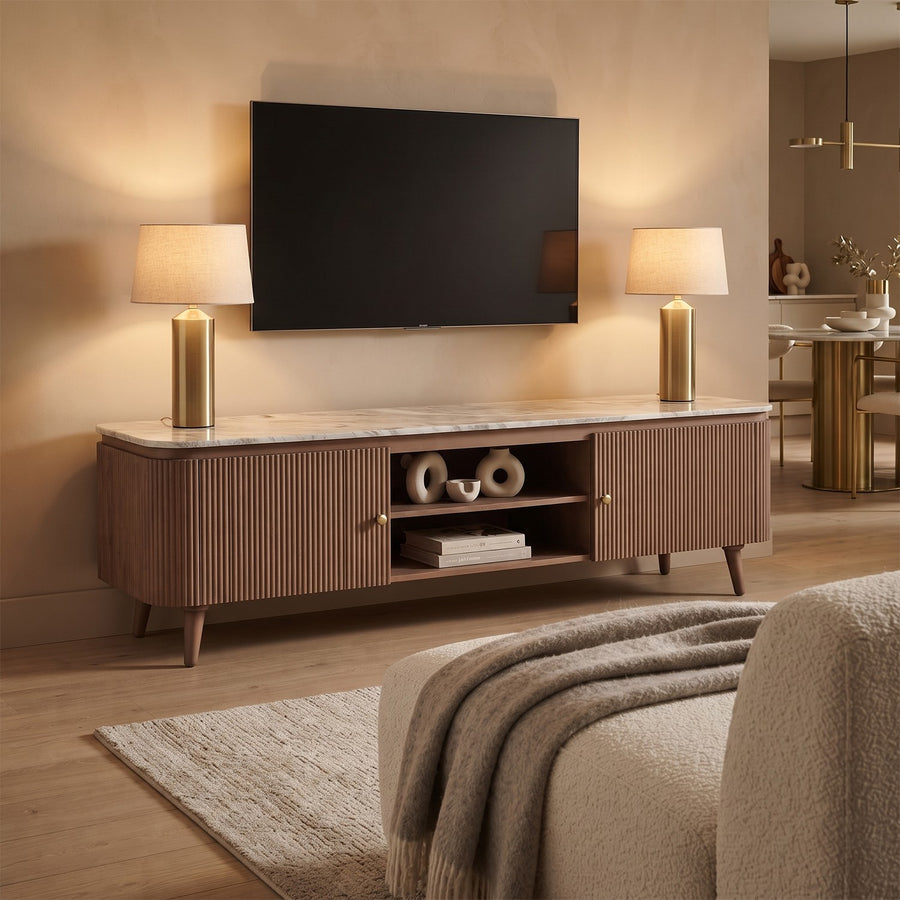 Veinora Pale Taupe Large Marble Top Fluted Wood TV Cabinet - image 3