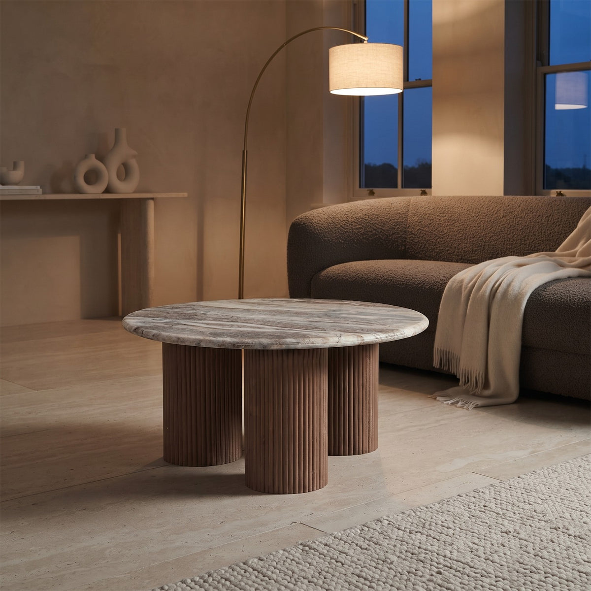 Veinora Pale Taupe Round Marble Coffee Table with Wood Pedestal Legs - image 3