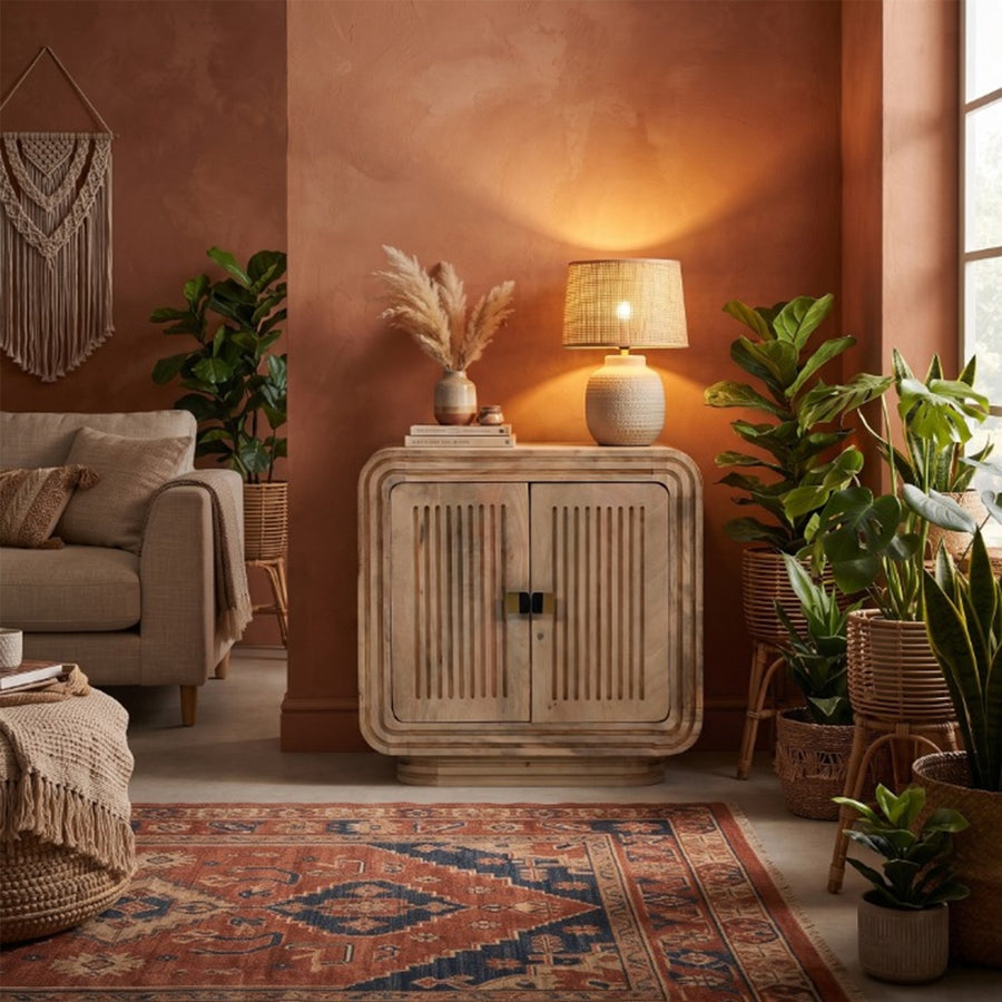 Carvora Natural Oak Carved Mango Wood Mini Sideboard - image 3