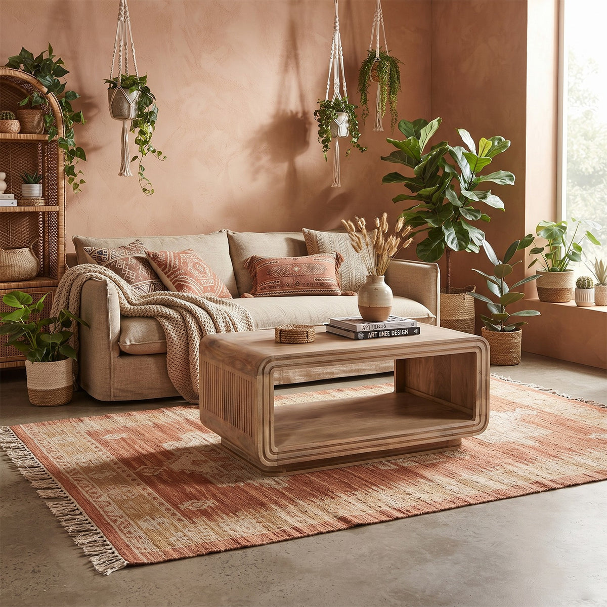 Carvora Natural Oak Carved Mango Wood Coffee Table with Shelf