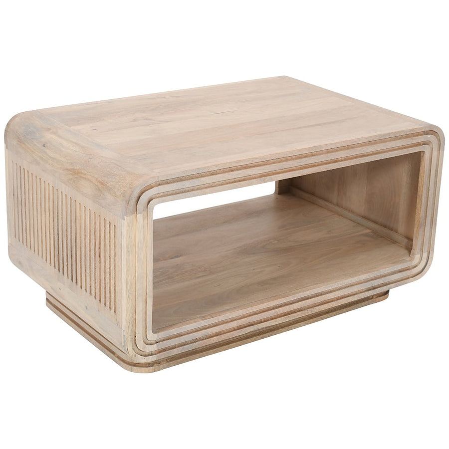 Carvora Natural Oak Carved Mango Wood Coffee Table with Shelf
