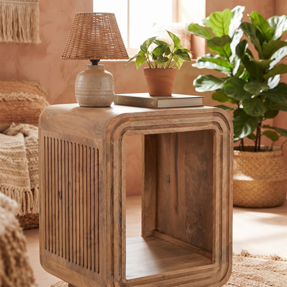 Carvora Natural Oak Carved Mango Wood Side Table - image 2